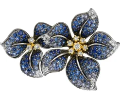 Broszka z białego i żółtego złota z brylantami i szafirami cejlońskimi - kwiaty - próba 750