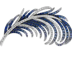 Broszka z białego złota z brylantami i szafirami cejlońskimi - piórko - próba 750