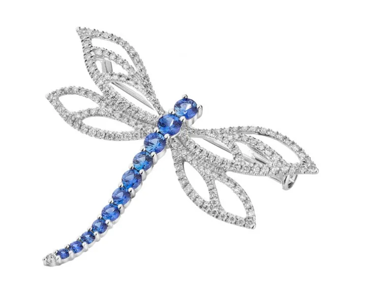 Broszka z białego złota z brylantami i szafirami cejlońskimi - ważka - próba 750