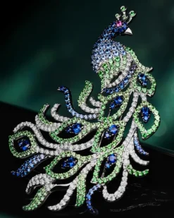 Broszka z białego złota z brylantami, kamieniami szlachetnymi i ozdobnymi - paw - próba 750