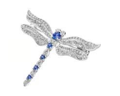 Broszka z białego złota z brylantami i szafirami cejlońskimi - ważka - próba 750