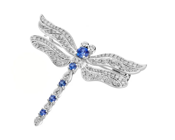 Broszka z białego złota z brylantami i szafirami cejlońskimi - ważka - próba 750
