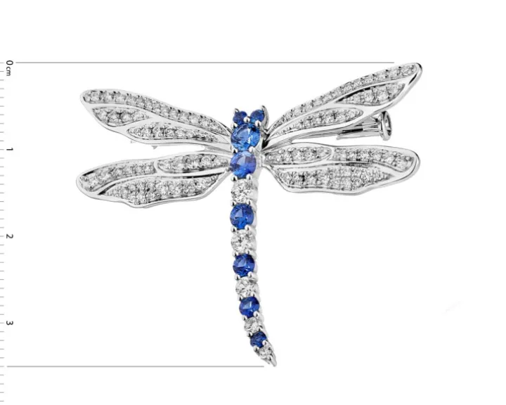 Broszka z białego złota z brylantami i szafirami cejlońskimi - ważka - próba 750