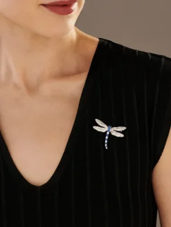 Broszka z białego złota z brylantami i szafirami cejlońskimi - ważka - próba 750