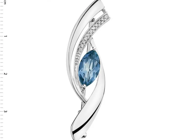 Broszka z białego złota z diamentami i topazem London Blue - próba 585
