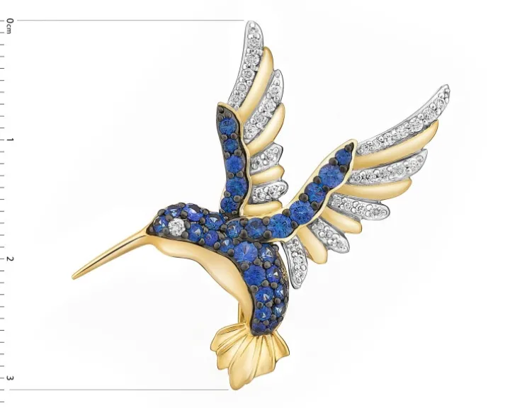 Broszka z żółtego złota z brylantami i szafirami cejlońskimi - koliber - próba 585