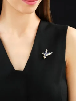 Broszka z żółtego złota z brylantami i szafirami cejlońskimi - koliber - próba 585