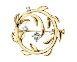Broszka z żółtego złota z brylantami - liście - 0,05 ct - próba 585