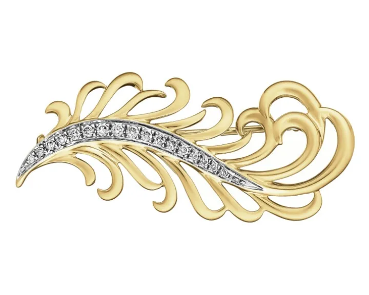 Broszka z żółtego złota z brylantami - piórko - 0,10 ct - próba 585