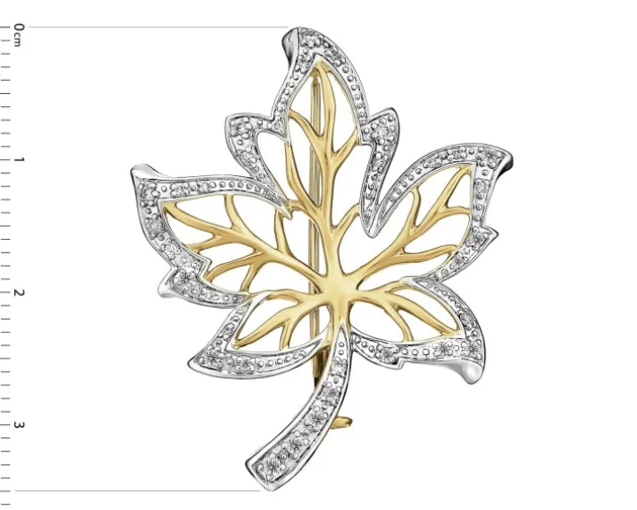 Broszka z żółtego złota z brylantami - liść - 0,20 ct - próba 585