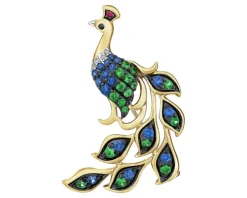 Broszka z żółtego złota z brylantami, kamieniami szlachetnymi i ozdobnymi - paw - próba 585