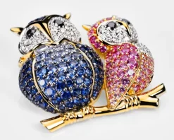 Broszka z żółtego złota z brylantami i szafirami kolorowymi - sowy - próba 750