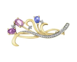 Broszka z żółtego złota z brylantami, kamieniami szlachetnymi i ozdobnymi - próba 585