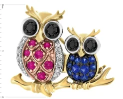 Broszka z żółtego złota z brylantami i kamieniami szlachetnymi - sowy - próba 585