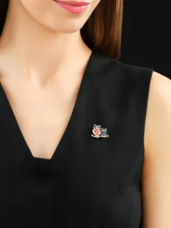 Broszka z żółtego złota z brylantami i kamieniami szlachetnymi - sowy - próba 585