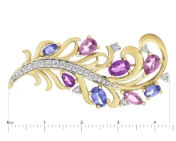 Broszka z żółtego złota z brylantami, kamieniami szlachetnymi i ozdobnymi - piórko - próba 585