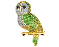 Broszka z żółtego złota z brylantami i granatami - sowa - próba 750