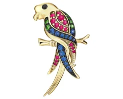 Broszka z żółtego złota z czarnym brylantem, kamieniami szlachetnymi i ozdobnymi - papuga - próba 585