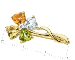 Broszka z żółtego złota z diamentem i kamieniami ozdobnymi - koniczyna - próba 585