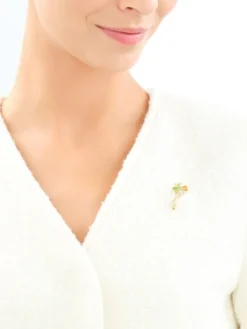 Broszka z żółtego złota z diamentem i kamieniami ozdobnymi - koniczyna - próba 585