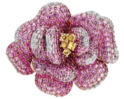 Broszka-zawieszka z białego, różowego i żółtego złota z brylantami i szafirami kolorowymi - kwiat - próba 750