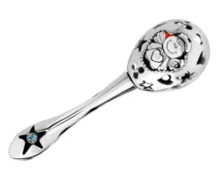 Grzechotka srebrna z cyrkoniami i bursztynem - aniołek, chłopiec