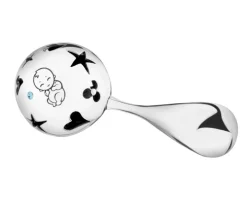 Grzechotka srebrna z cyrkoniami i bursztynem - chłopiec