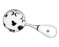 Grzechotka srebrna z cyrkoniami i bursztynem - chłopiec