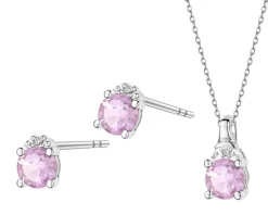 Kolczyki i zawieszka z białego złota z diamentami i ametystami - próba 375