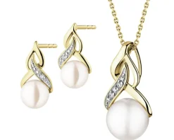 Kolczyki i zawieszka z żółtego złota z brylantami i perłami - komplet - próba 375