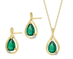 Kolczyki i zawieszka z żółtego złota z diamentami i szmaragdami syntetycznymi - próba 375