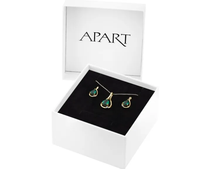 Kolczyki i zawieszka z żółtego złota z diamentami i szmaragdami syntetycznymi - próba 375