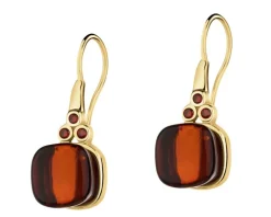 Kolczyki srebrne z bursztynem i granatem syntetycznym