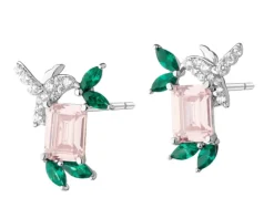 Kolczyki srebrne z cyrkoniami - liście, kolibry