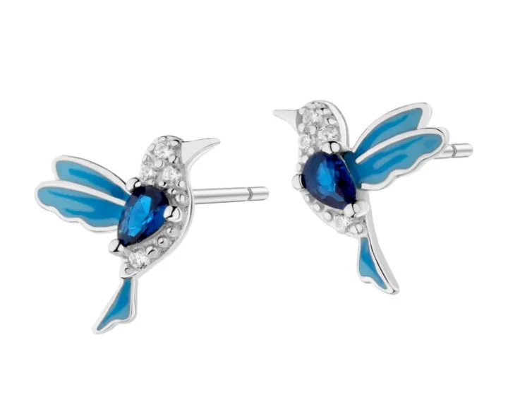 Kolczyki srebrne z cyrkoniami i emalią - kolibry