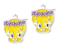 Kolczyki srebrne z cyrkoniami i emalią - Looney Tunes, Tweety, Warner Bros. Discovery