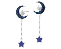 Kolczyki srebrne z cyrkoniami i emalią - Księżyce, gwiazdy
