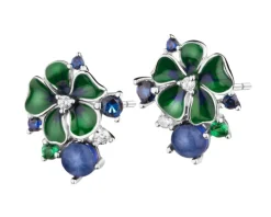 Kolczyki srebrne z cyrkoniami, szlifowanym szkłem i emalią - kwiaty