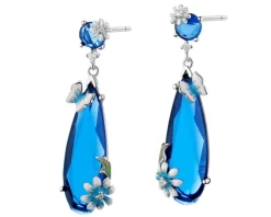 Kolczyki srebrne z cyrkoniami, szlifowanym szkłem i emalią - motyle, kwiaty