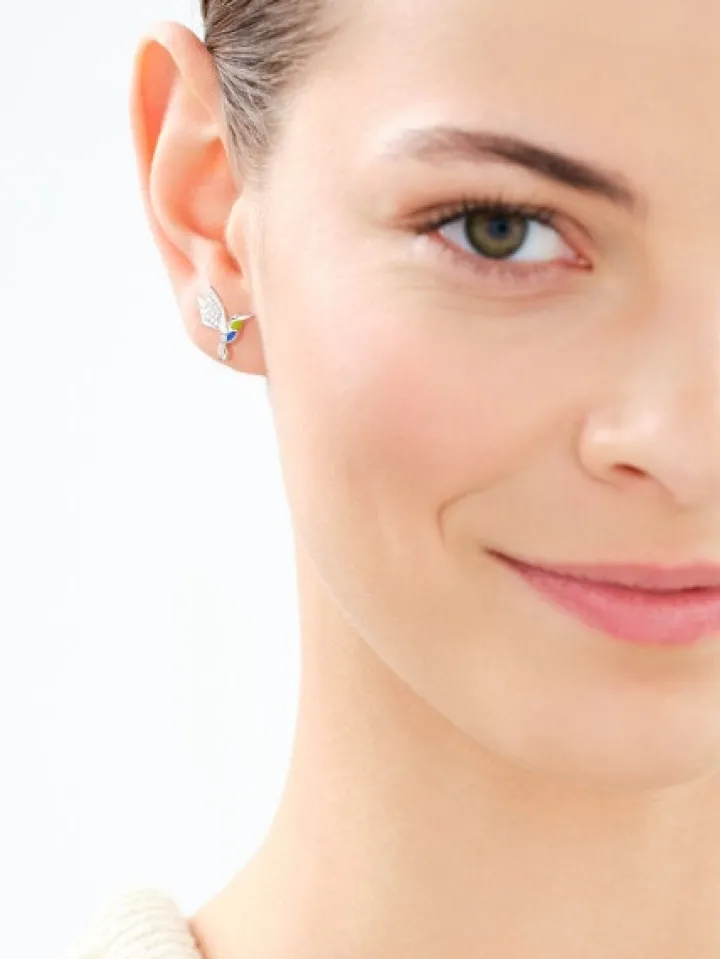 Kolczyki srebrne z cyrkoniami i emalią - kolibry