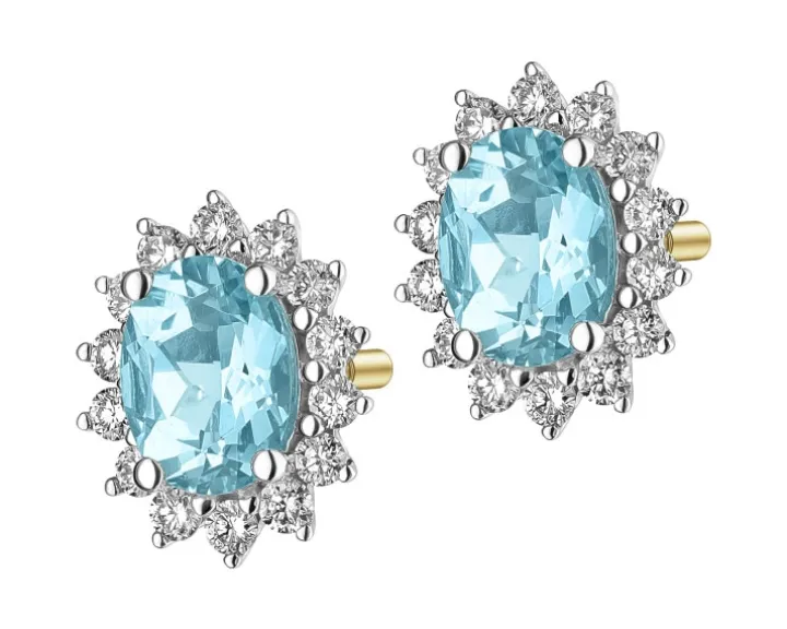 Kolczyki z białego i żółtego złota z brylantami i akwamarynami - próba 585