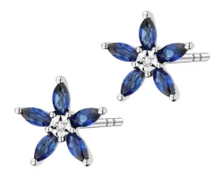 Kolczyki z białego złota z diamentami i szafirami syntetycznymi - kwiaty - próba 375