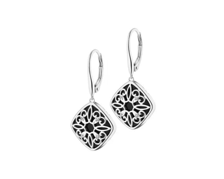 Kolczyki z białego złota z diamentami i onyksami - próba 585