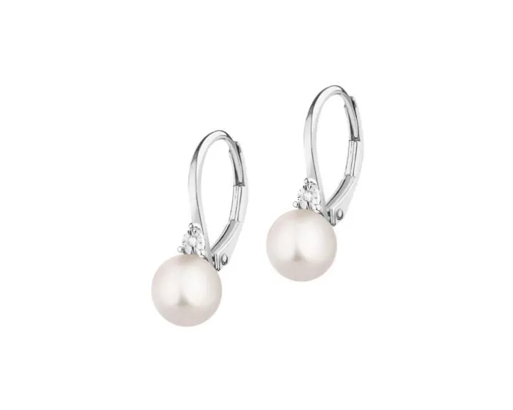 Kolczyki z białego złota z diamentami i perłami - próba 585