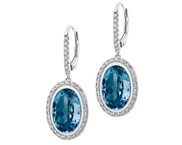 Kolczyki z białego złota z brylantami i topazami London Blue - próba 585