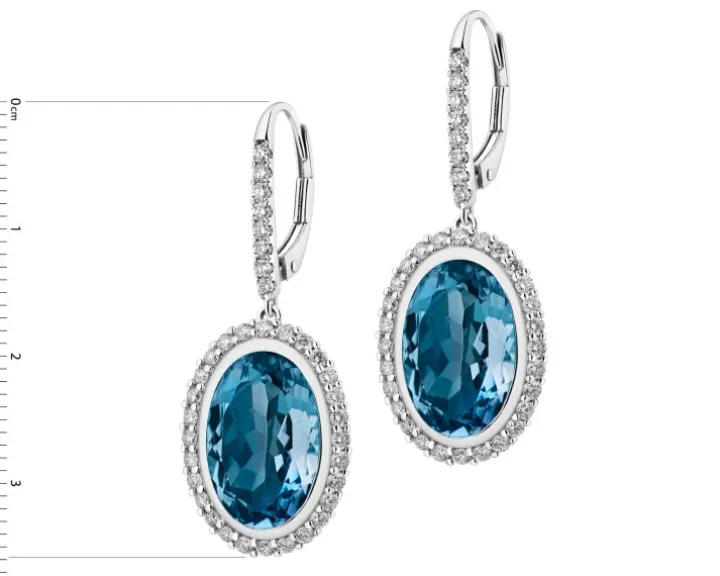 Kolczyki z białego złota z brylantami i topazami London Blue - próba 585