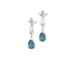 Kolczyki z białego złota z diamentami i topazami London Blue - liście - próba 585