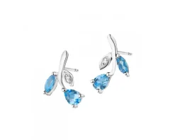 Kolczyki z białego złota z diamentami i topazami - liście - próba 375