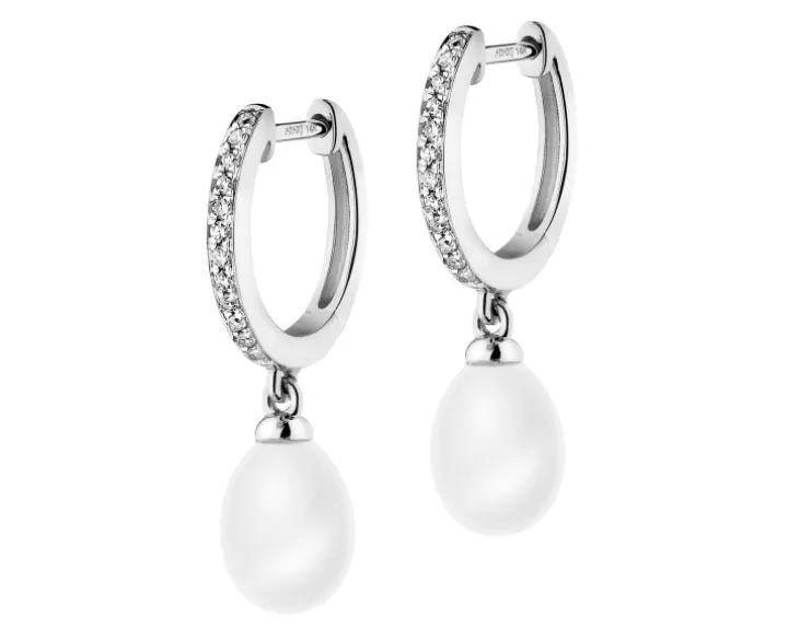 Kolczyki z białego złota z diamentami i perłami - próba 585