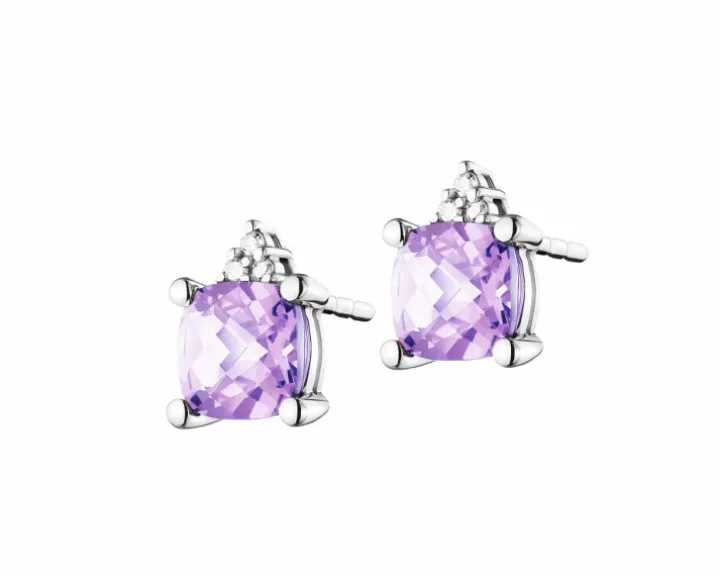 Kolczyki z białego złota z diamentami i ametystami - próba 585